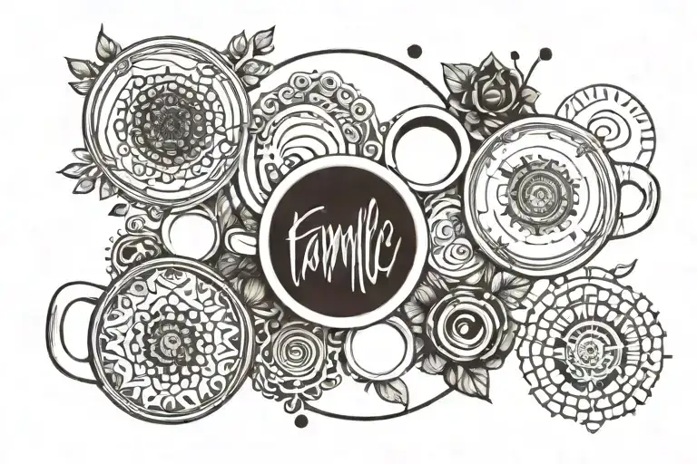 A mandala design made out of coffee cups and beans, symbolizing the interconnectedness of family and caffeine tattoo design idea