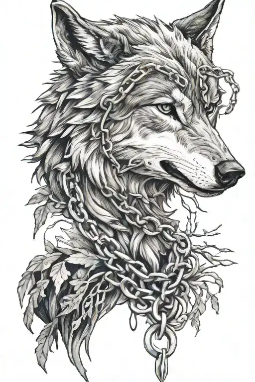 wolf with broken chain around neck in the forest   tattoo design idea