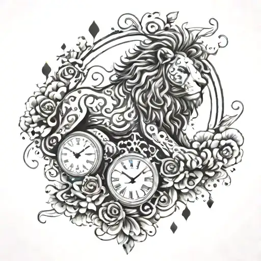 An intricate design of a lion swimming gracefully in a pool of hearts, surrounded by floating skulls and clocks tattoo design idea