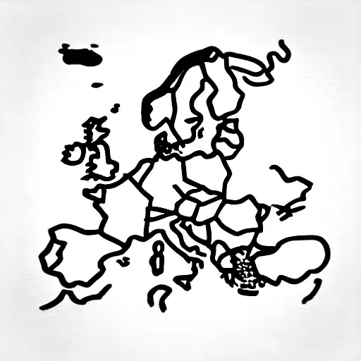 a map of Europe, a dash line going through israel, Netherlands and greece and a little plain on it tattoo design idea