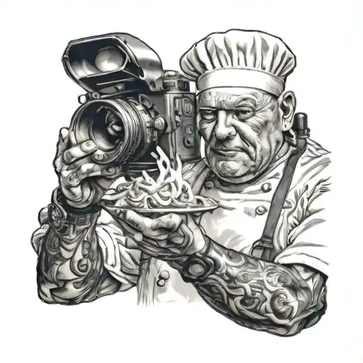 A realistic tattoo of a chef plating a dish while holding a camera, capturing the moment of creation and artistry tattoo design idea