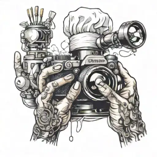 A tattoo of a chef and a photographer's hands working together to create a masterpiece, with digital editing tools subtly incorporated into the design tattoo design idea