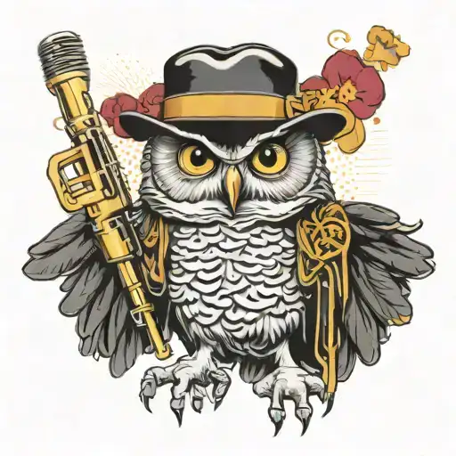 An owl wearing a Michael Jackson-inspired outfit, with a microphone in its talons tattoo design idea