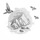 mountain, ocean, Lily, sky, sparrow tattoo design idea