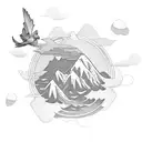 mountain, ocean, Lily, sky, sparrow tattoo design idea