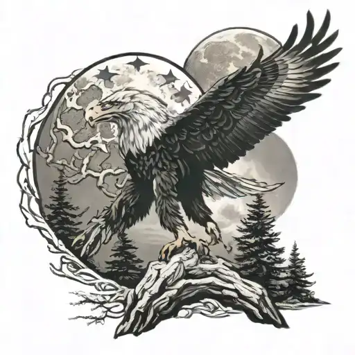 howling wolf at moon with bald eagle soaring bird tattoo design idea