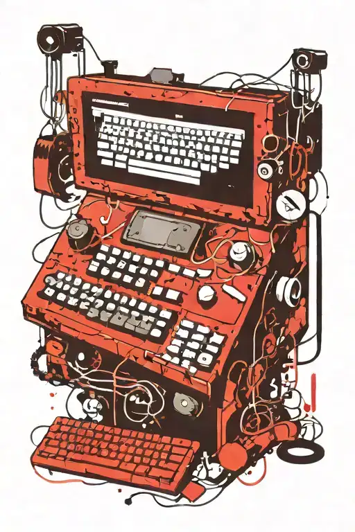 An old computer monitor with a C64 joystick, a 3.5 inch floppy disk, an NES controller and a few keyboard keys. tattoo design idea