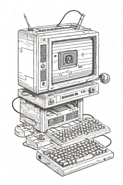 An old computer monitor with a C64 joystick, a 3.5 inch floppy disk, an NES controller and a few keyboard keys. tattoo design idea