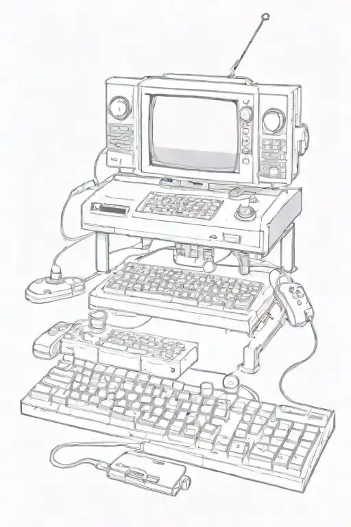 A C64 joystick, a floppy disk, a NES controller, a few keyboard keys and in the background an old computer monitor. tattoo design idea