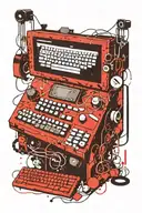 An old computer monitor with a C64 joystick, a 3.5 inch floppy disk, an NES controller and a few keyboard keys. tattoo design idea