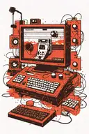 An old computer monitor with a C64 joystick, a 3.5 inch floppy disk, an NES controller and a few keyboard keys. tattoo design idea