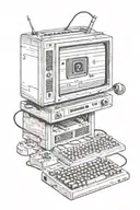 An old computer monitor with a C64 joystick, a 3.5 inch floppy disk, an NES controller and a few keyboard keys. tattoo design idea