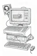 An old computer monitor with a C64 joystick, a 3.5 inch floppy disk, an NES controller and a few keyboard keys. tattoo design idea