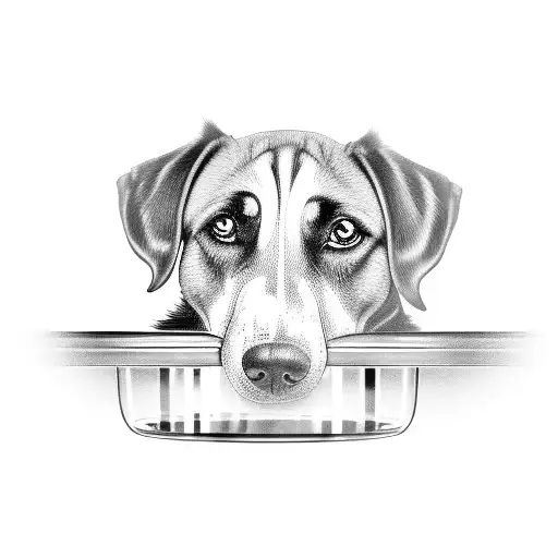 A detailed black and grey tattoo of a dog sitting at a bar, with a computer screen displaying coding languages in the background tattoo design idea
