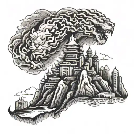 Hong Kong lion rock with ifc and conventional center tattoo design idea