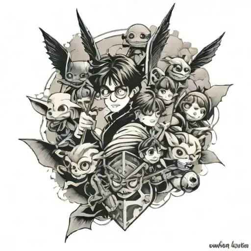 Tattoo sleeve with Harry Potter, starwars, Pokémon, super smash bros and studio ghibli tattoo design idea