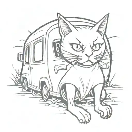 A creepy tattoo of a sinister anime cat creature emerging from the shadows of a haunted car graveyard tattoo design idea