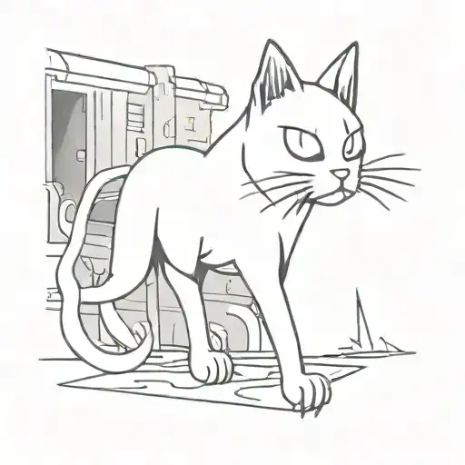 A creepy tattoo of a sinister anime cat creature emerging from the shadows of a haunted car graveyard tattoo design idea