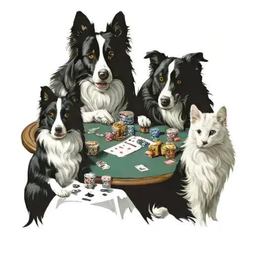 Dogs Playing Poker, door Cassius Marcellus. with a white cat, a black cat a border collie and a beauceron tattoo design idea
