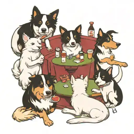 Dogs Playing Poker with a white cat, a black cat a border collie and a beauceron. cats are cheating, dogs smoking tattoo design idea