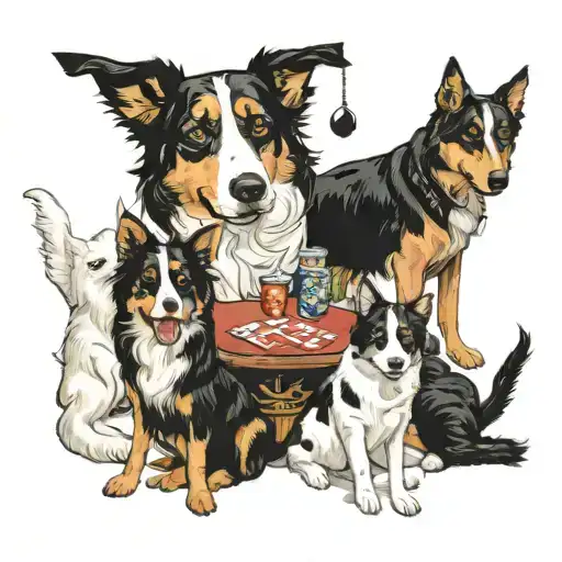 Dogs Playing Poker, door Cassius Marcellus. with a white cat, a black cat a border collie and a beauceron tattoo design idea