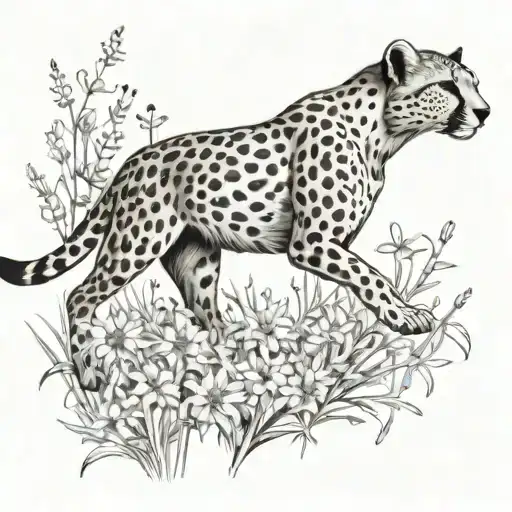 A sleek cheetah sprinting through a field of wildflowers tattoo design idea
