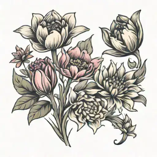Two Tulips, Two Asters, and One Chrysanthemum tattoo design idea
