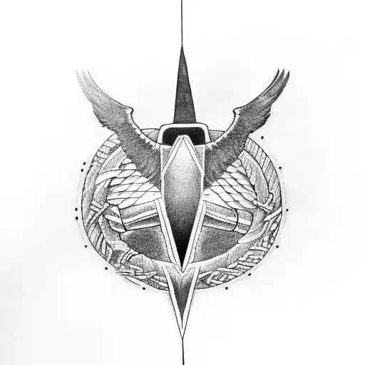 Odín and a raven looking down at the entrance of Valhalla with a Viking holding axes and Thor's hammer below with a raven tattoo design idea