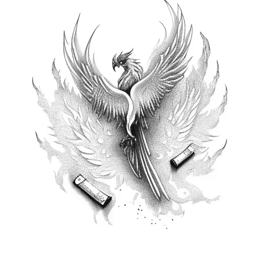 Phoenix with Books and Rock'n'Roll and london tattoo design idea
