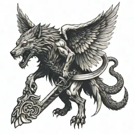 A standing and winged wolf with a cobra emerging from the back of its neck and a large sword in its hand.    tattoo design idea