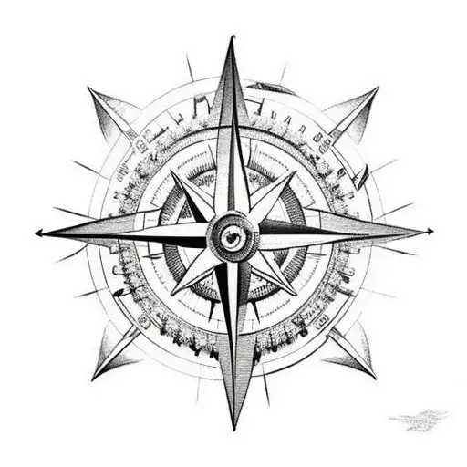 A compass guiding a mountain traveler through rough seas tattoo design idea