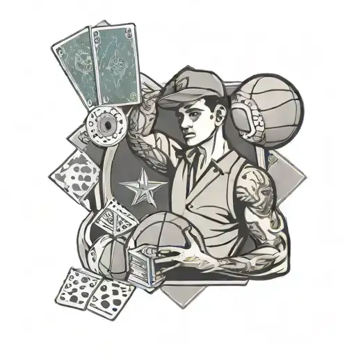 A property manager holding a basketball while surrounded by blackjack cards tattoo design idea