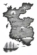 Michigan state outline filled with elements of water, ship, wind, petoskey stone, fish tattoo design idea