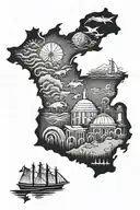 Michigan state outline filled with elements of water, ship, wind, petoskey stone, fish tattoo design idea