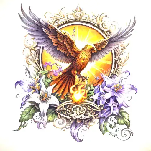 A sun shining with a phoenix over a forest with a songbird singing musical notes above a field of lilies and violets tattoo design idea