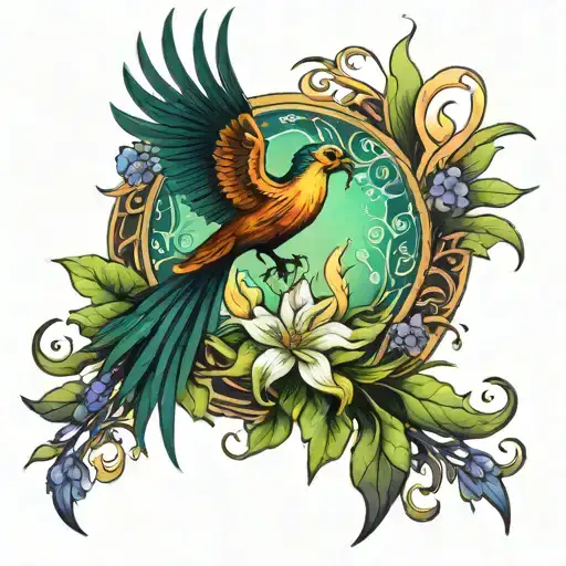 Sun shining with a phoenix, a tree with a songbird in a forest with lillies and violets  tattoo design idea