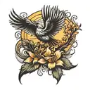A sun shining with a phoenix over a forest with a songbird singing musical notes above a field of lilies and violets tattoo design idea
