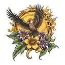 A sun shining with a phoenix over a forest with a songbird singing musical notes above a field of lilies and violets tattoo design idea