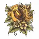 A sun shining with a phoenix over a forest with a songbird singing musical notes above a field of lilies and violets tattoo design idea