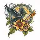 A sun shining with a phoenix over a forest with a songbird singing musical notes above a field of lilies and violets tattoo design idea
