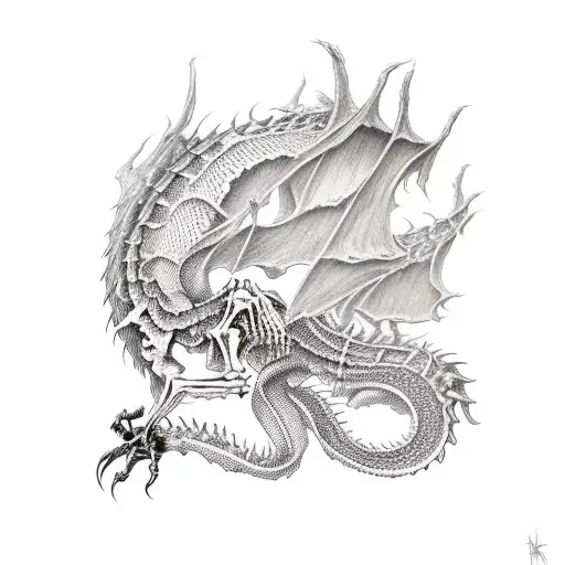 skeleton dragon clawing up a dead tree to worship death tattoo design idea