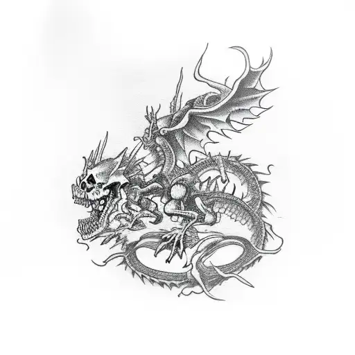 skeleton dragon clawing up a dead tree to worship death tattoo design idea