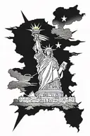 Patriotic sleeve tattoo featuring iconic American landmarks like the Statue of Liberty and Mount Rushmore incorporated with mechanical elements tattoo design idea