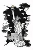 Patriotic sleeve tattoo featuring iconic American landmarks like the Statue of Liberty and Mount Rushmore incorporated with mechanical elements tattoo design idea