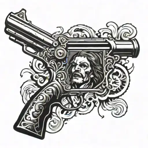 johnny silverhand shotgun upward surrounded tattoo design idea