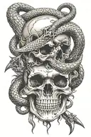 skull with sword piercing with scorpion on top and snake below tattoo design idea