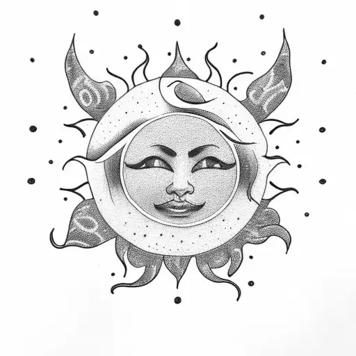 happy sun, peace sign, hippie flowers tattoo design idea