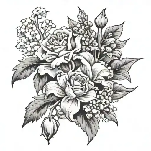 carnation, marigold, violet, lily of the valley bouquet tattoo design idea