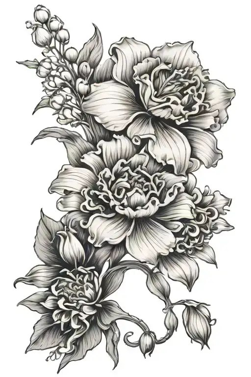 carnation, lily of the valley, marigold, violet flowers  tattoo design idea