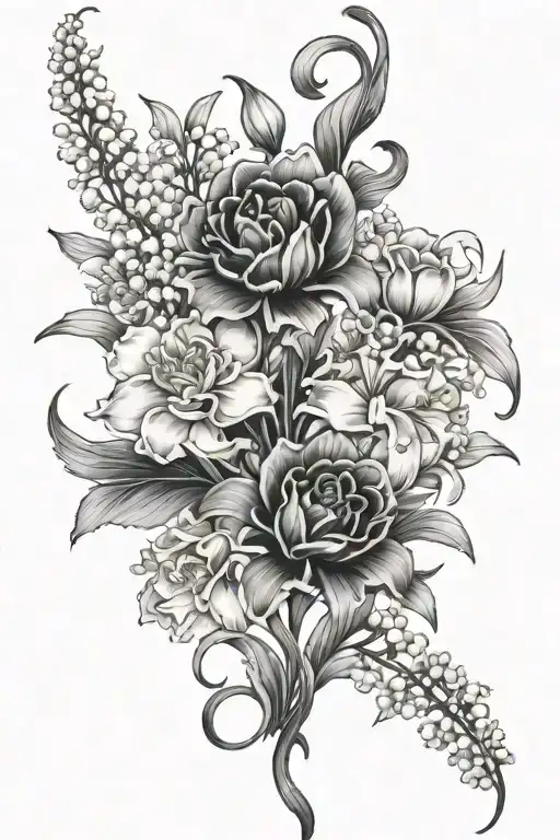 carnation, lily of the valley, marigold, violet flowers with stems tattoo design idea